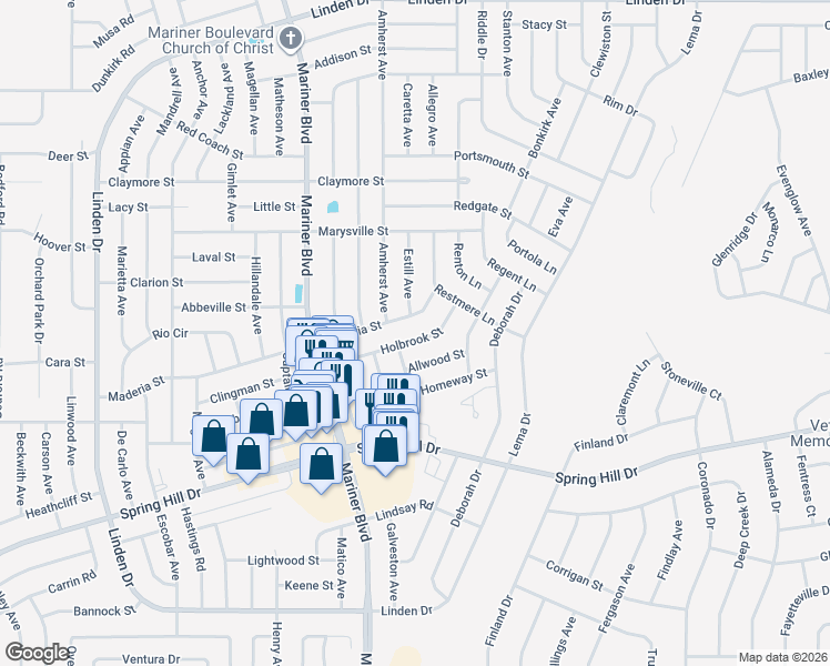 map of restaurants, bars, coffee shops, grocery stores, and more near 11199 Holbrook St in Spring Hill