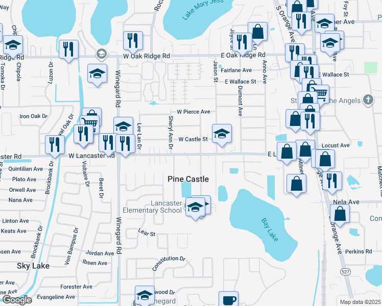 map of restaurants, bars, coffee shops, grocery stores, and more near 121 West Lancaster Road in Pine Castle