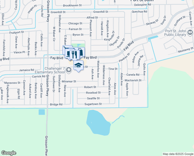 map of restaurants, bars, coffee shops, grocery stores, and more near 6112 Waterloo Avenue in Cocoa