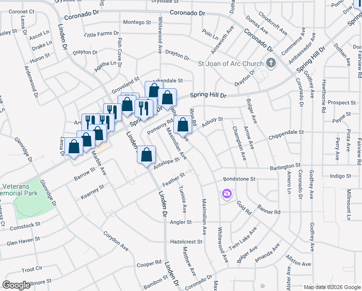 map of restaurants, bars, coffee shops, grocery stores, and more near 2212 Maximilian Avenue in Spring Hill