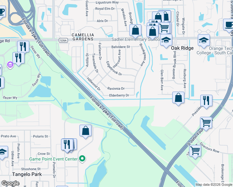 map of restaurants, bars, coffee shops, grocery stores, and more near 4423 Elderberry Drive in Orlando