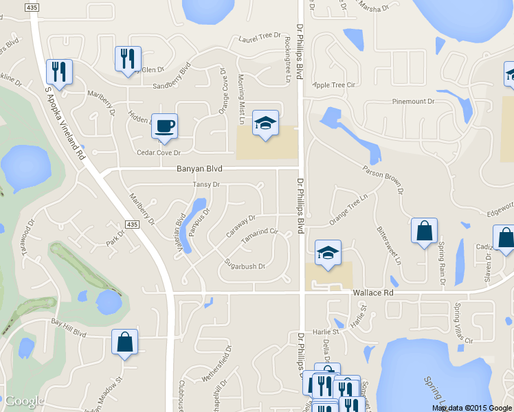 map of restaurants, bars, coffee shops, grocery stores, and more near 8216 Sugarbush Court in Orlando