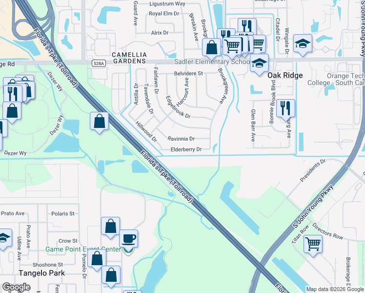 map of restaurants, bars, coffee shops, grocery stores, and more near 4423 Elderberry Drive in Orlando