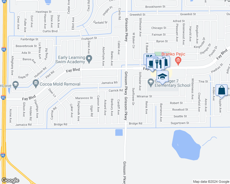 map of restaurants, bars, coffee shops, grocery stores, and more near 5057 Carrick Road in Cocoa