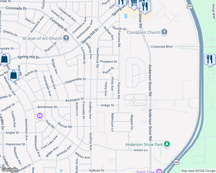 map of restaurants, bars, coffee shops, grocery stores, and more near 2193 Perry Avenue in Spring Hill
