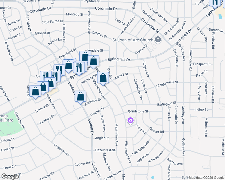 map of restaurants, bars, coffee shops, grocery stores, and more near 2188 Whitewood Avenue in Spring Hill
