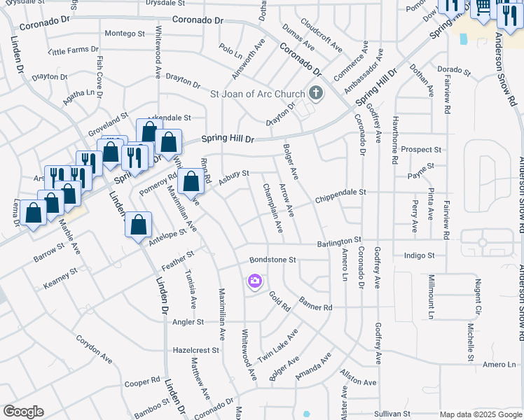 map of restaurants, bars, coffee shops, grocery stores, and more near 2221 Champlain Avenue in Spring Hill