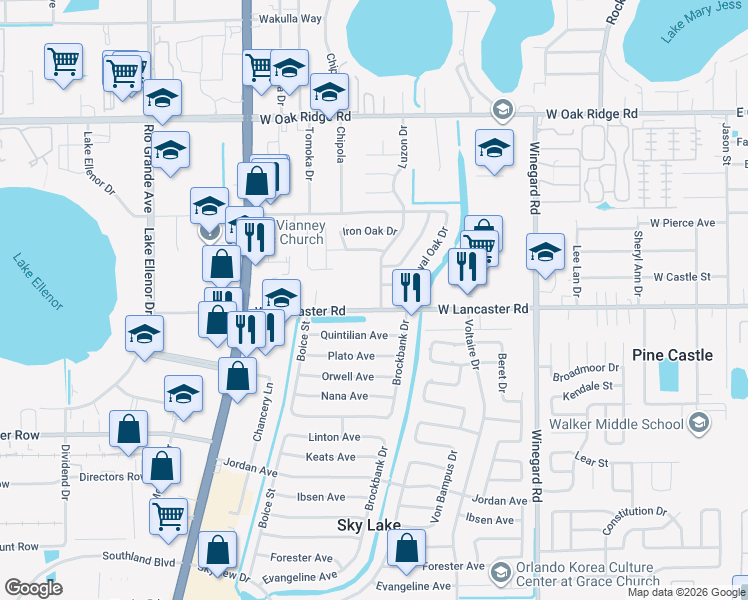 map of restaurants, bars, coffee shops, grocery stores, and more near 901 West Lancaster Road in Orlando