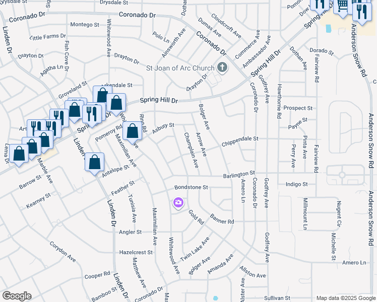 map of restaurants, bars, coffee shops, grocery stores, and more near 2221 Champlain Avenue in Spring Hill