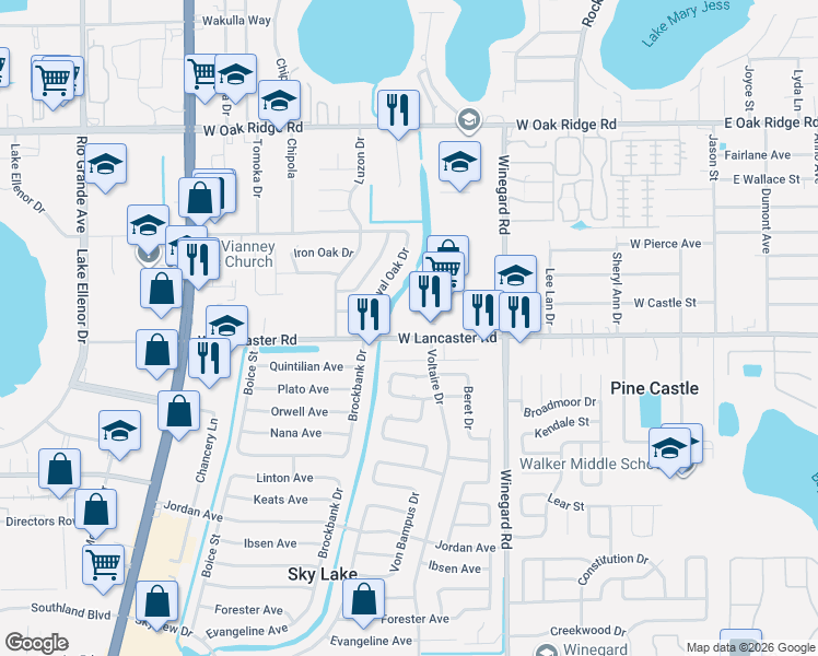 map of restaurants, bars, coffee shops, grocery stores, and more near 777 West Lancaster Road in Orlando