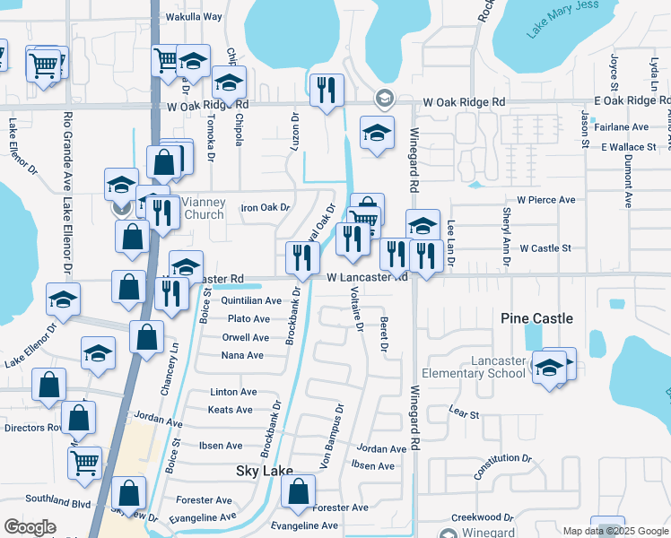 map of restaurants, bars, coffee shops, grocery stores, and more near 777 West Lancaster Road in Orlando