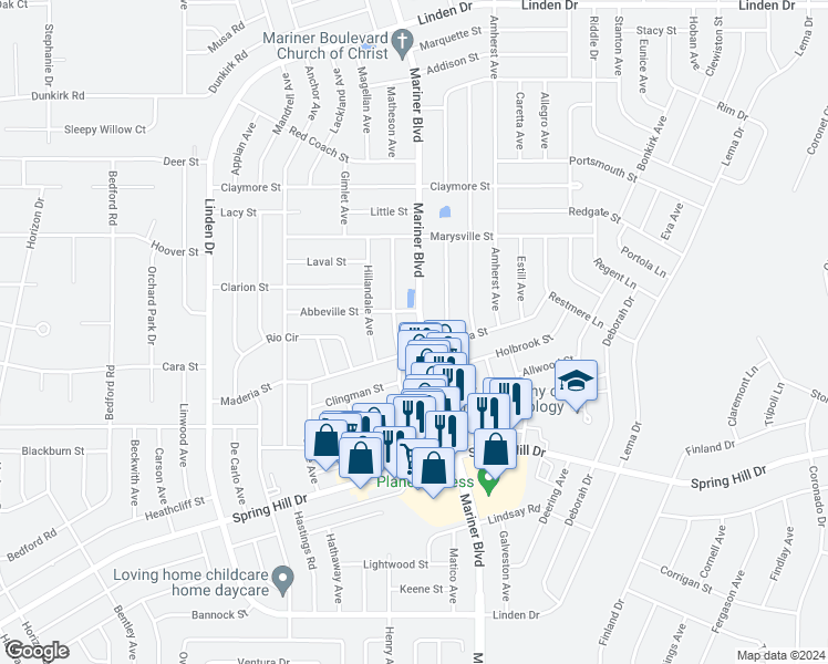 map of restaurants, bars, coffee shops, grocery stores, and more near 2221 Mariner Boulevard in Brooksville