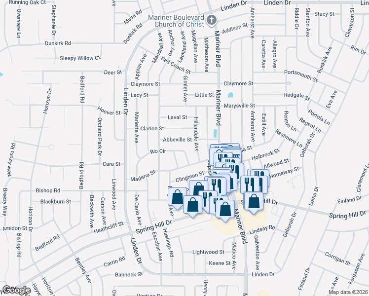 map of restaurants, bars, coffee shops, grocery stores, and more near 2285 Rio Circle in Spring Hill