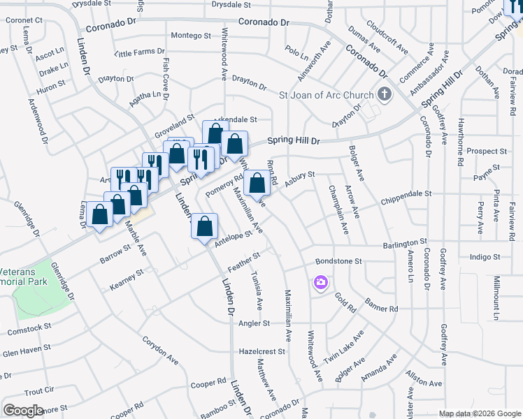 map of restaurants, bars, coffee shops, grocery stores, and more near 2229 Whitewood Avenue in Spring Hill