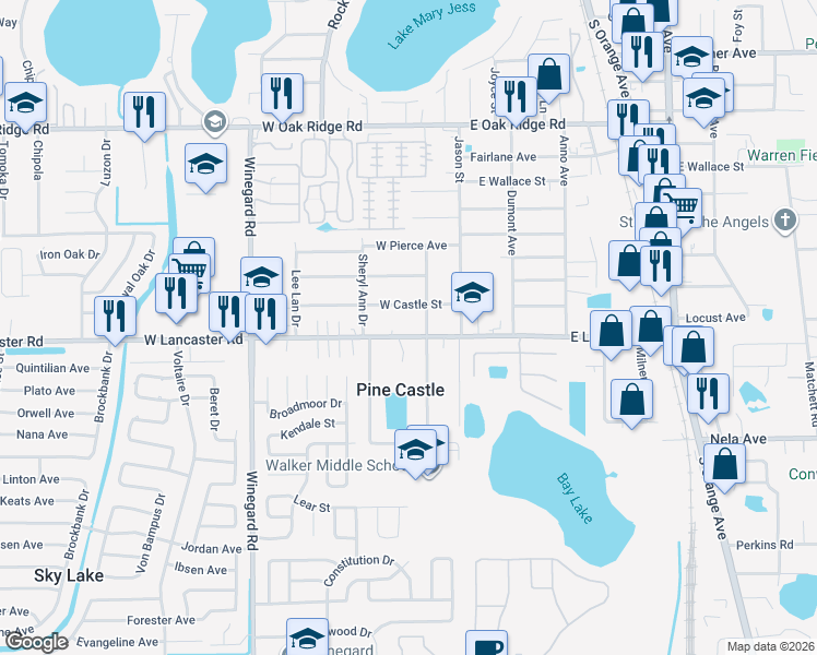 map of restaurants, bars, coffee shops, grocery stores, and more near 117 West Lancaster Road in Pine Castle