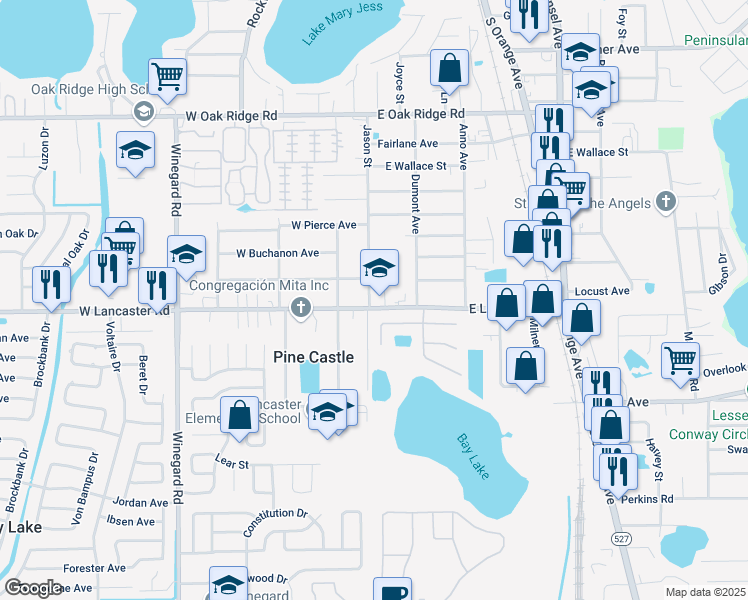 map of restaurants, bars, coffee shops, grocery stores, and more near 20 West Lancaster Road in Pine Castle
