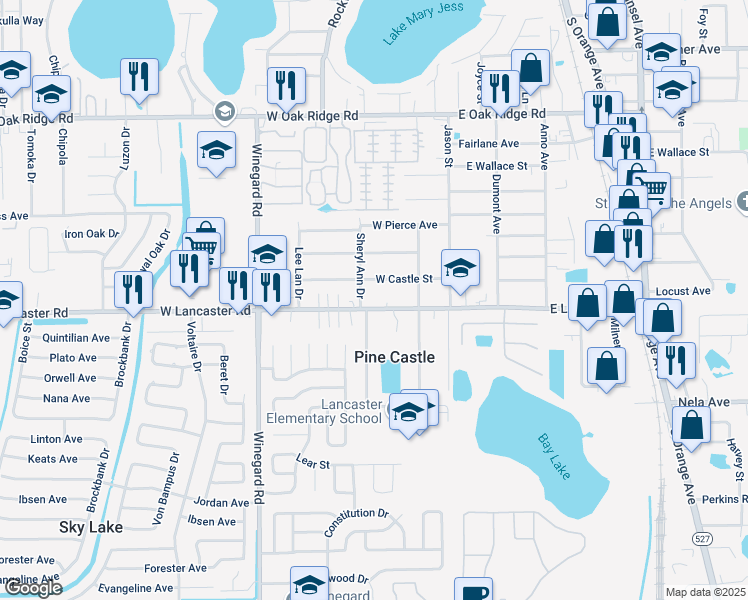 map of restaurants, bars, coffee shops, grocery stores, and more near 230 West Lancaster Road in Orlando