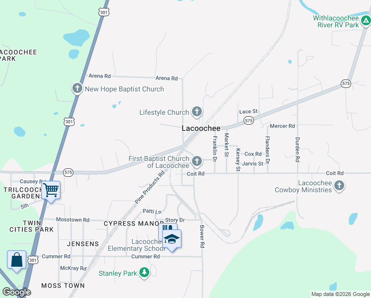map of restaurants, bars, coffee shops, grocery stores, and more near 21049 Pine Products Road in Dade City