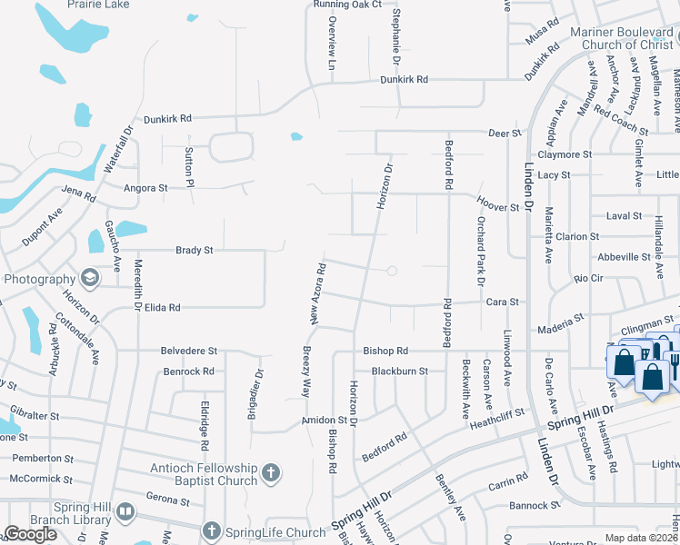 map of restaurants, bars, coffee shops, grocery stores, and more near 10022 Northwind Court in Spring Hill
