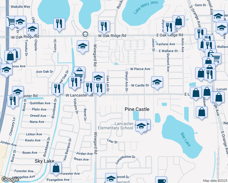 map of restaurants, bars, coffee shops, grocery stores, and more near 318 West Lancaster Road in Pine Castle