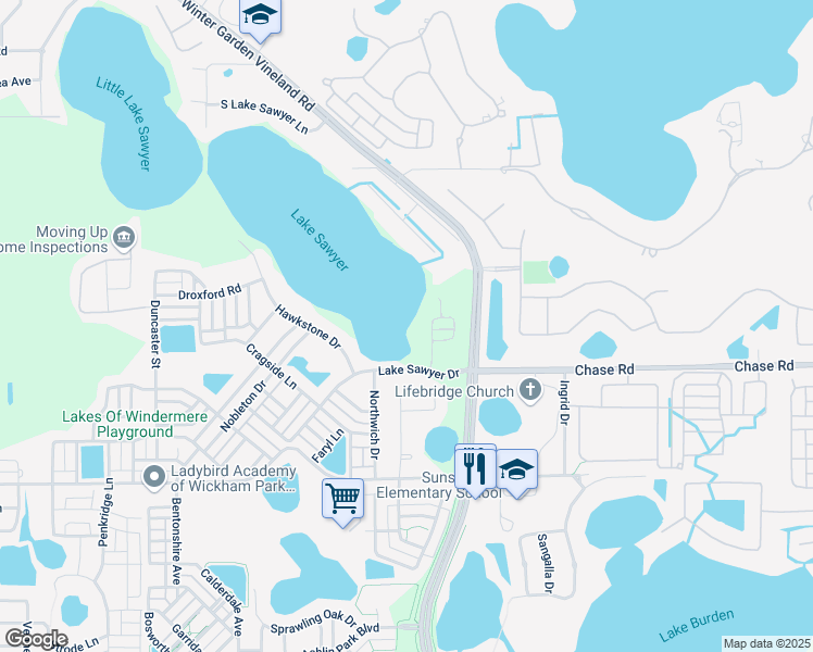 map of restaurants, bars, coffee shops, grocery stores, and more near 6857 Thornhill Circle in Windermere