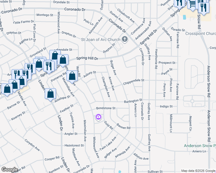 map of restaurants, bars, coffee shops, grocery stores, and more near 2221 Champlain Avenue in Spring Hill