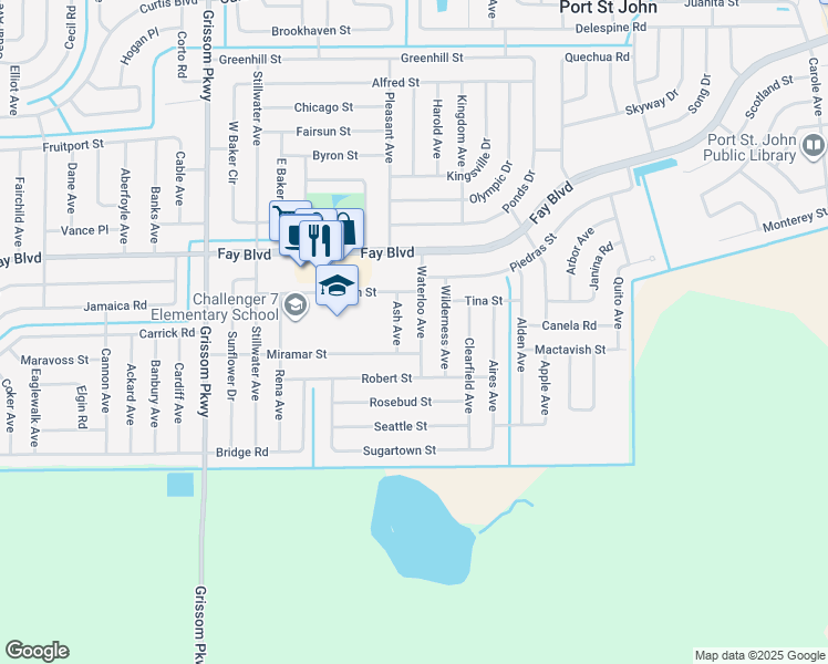 map of restaurants, bars, coffee shops, grocery stores, and more near 6112 Waterloo Avenue in Cocoa