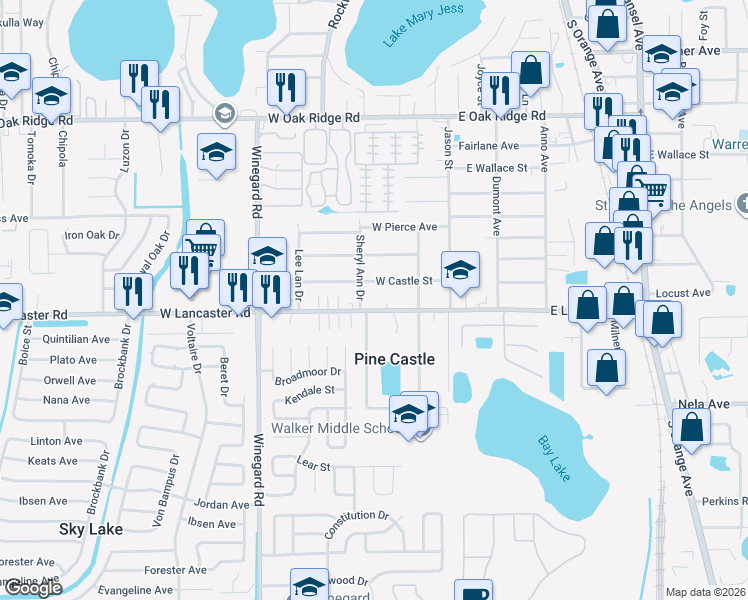map of restaurants, bars, coffee shops, grocery stores, and more near 230 West Lancaster Road in Orlando