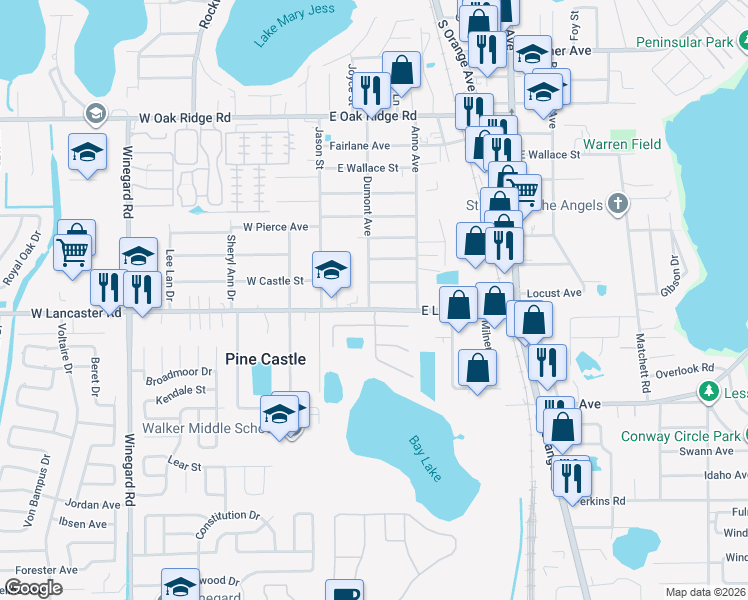map of restaurants, bars, coffee shops, grocery stores, and more near 207 East Lancaster Road in Orlando