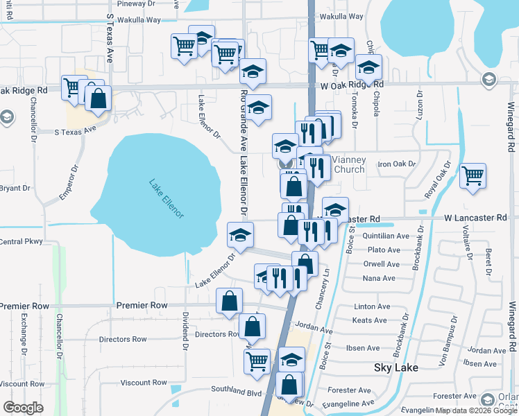 map of restaurants, bars, coffee shops, grocery stores, and more near 6925 Lake Ellenor Drive in Orlando