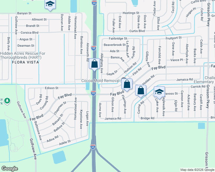 map of restaurants, bars, coffee shops, grocery stores, and more near 5741 Flint Road in Cocoa