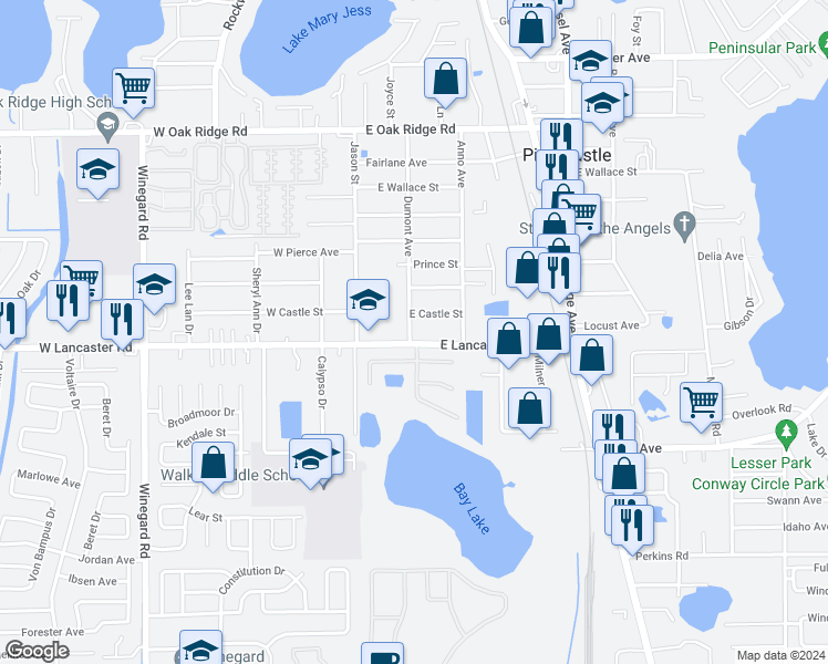 map of restaurants, bars, coffee shops, grocery stores, and more near 207 East Lancaster Road in Orlando