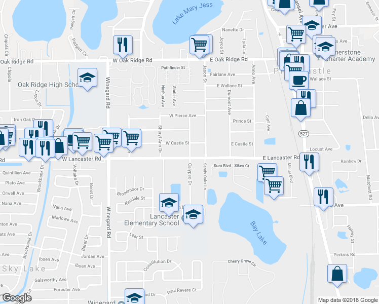 map of restaurants, bars, coffee shops, grocery stores, and more near 121 West Lancaster Road in Pine Castle