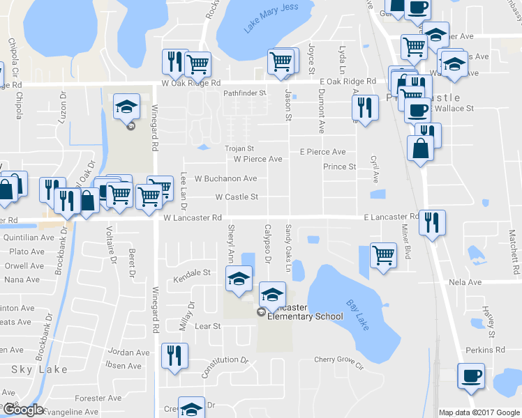 map of restaurants, bars, coffee shops, grocery stores, and more near 121 West Lancaster Road in Pine Castle