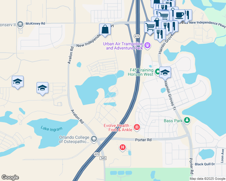 map of restaurants, bars, coffee shops, grocery stores, and more near 6945 Avalon Road in Winter Garden