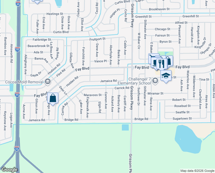 map of restaurants, bars, coffee shops, grocery stores, and more near 6075 Cannon Avenue in Cocoa