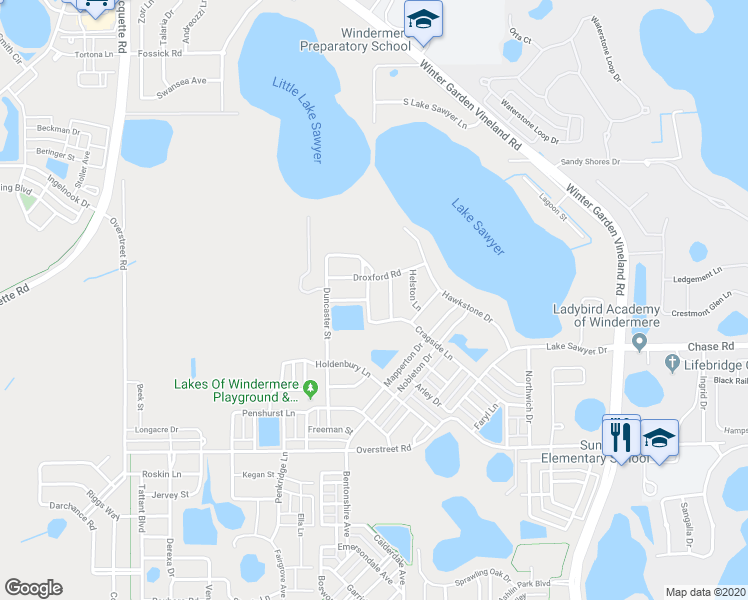 map of restaurants, bars, coffee shops, grocery stores, and more near 12915 Cragside Lane in Windermere
