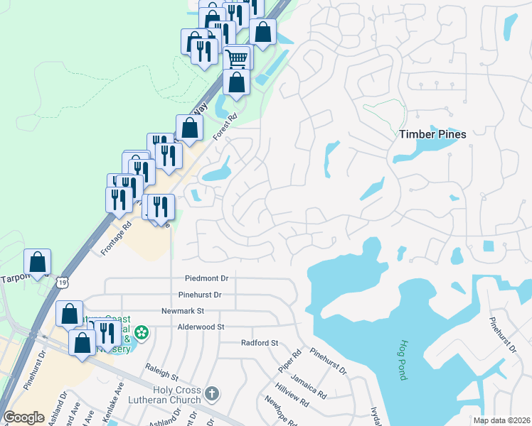 map of restaurants, bars, coffee shops, grocery stores, and more near 2136 Sea Pines Court in Spring Hill