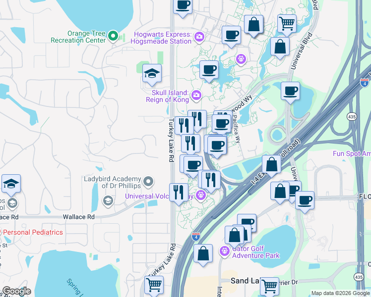 map of restaurants, bars, coffee shops, grocery stores, and more near 6550 Adventure Way in Orlando