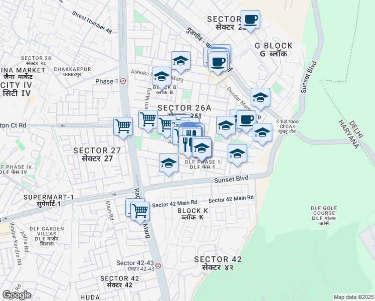 map of restaurants, bars, coffee shops, grocery stores, and more near Arjun Marg in Gurugram