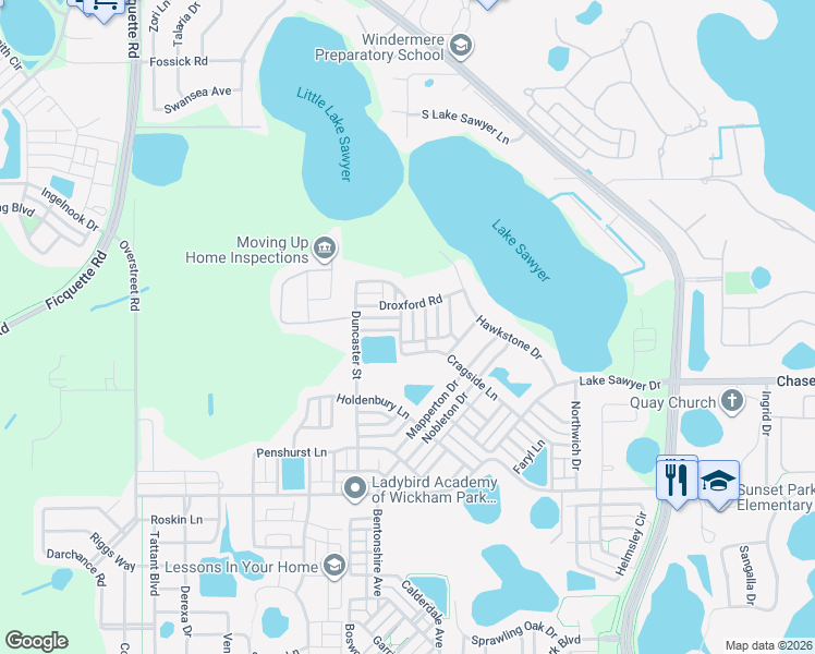 map of restaurants, bars, coffee shops, grocery stores, and more near 12825 Cragside Lane in Windermere