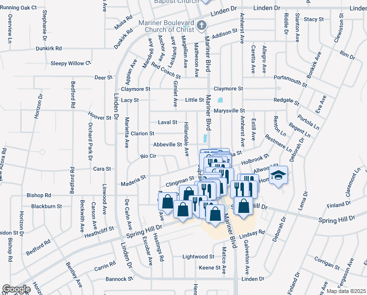 map of restaurants, bars, coffee shops, grocery stores, and more near 10498 Abbeville Street in Spring Hill