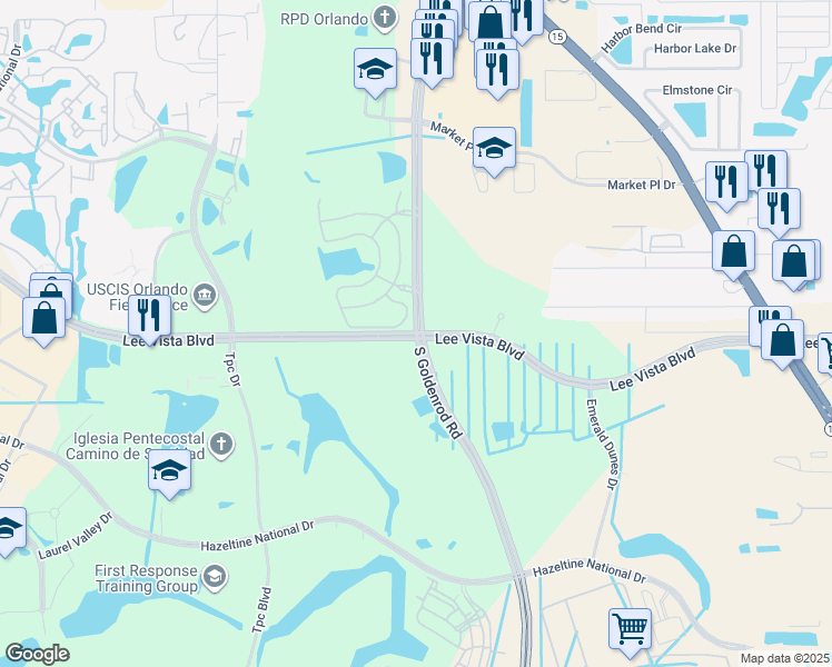 map of restaurants, bars, coffee shops, grocery stores, and more near S Goldenrod Rd & Lee Vista Blvd in Orlando