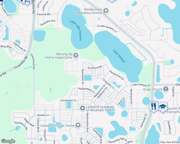 map of restaurants, bars, coffee shops, grocery stores, and more near 12917 Runswick Avenue in Windermere