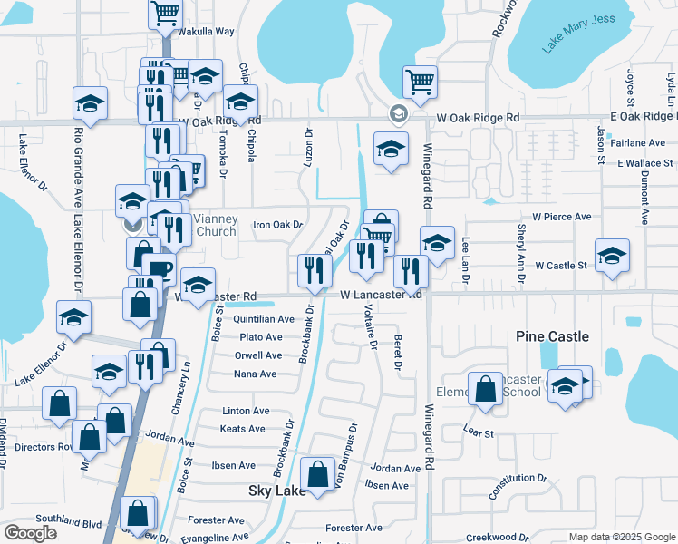 map of restaurants, bars, coffee shops, grocery stores, and more near 6319 Royal Oak Drive in Orlando