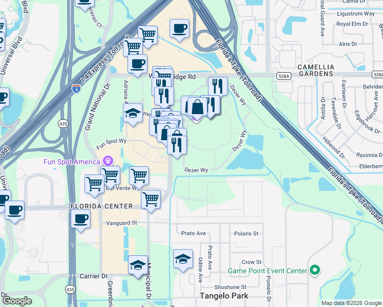 map of restaurants, bars, coffee shops, grocery stores, and more near 5256 International Drive in Orlando