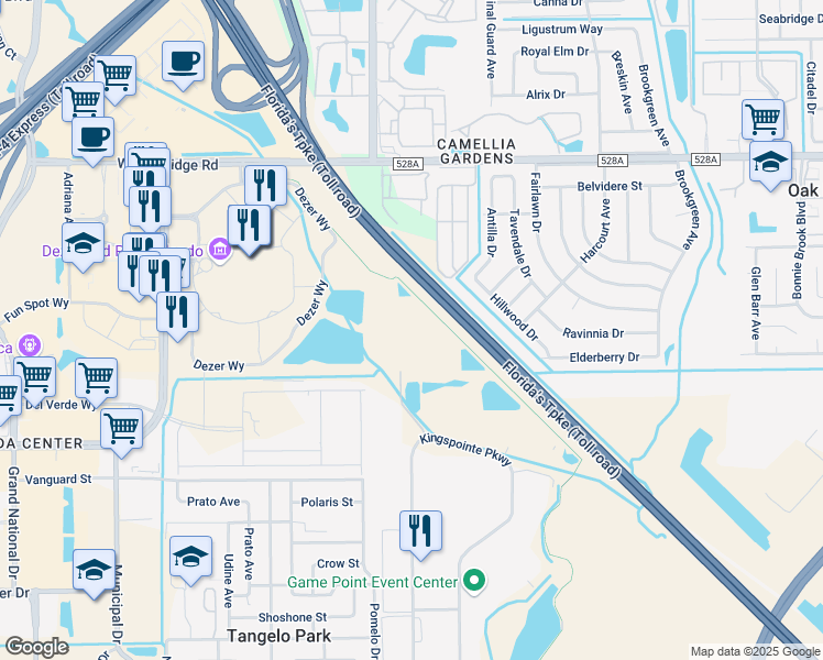 map of restaurants, bars, coffee shops, grocery stores, and more near 7320 Kingspointe Parkway in Orlando