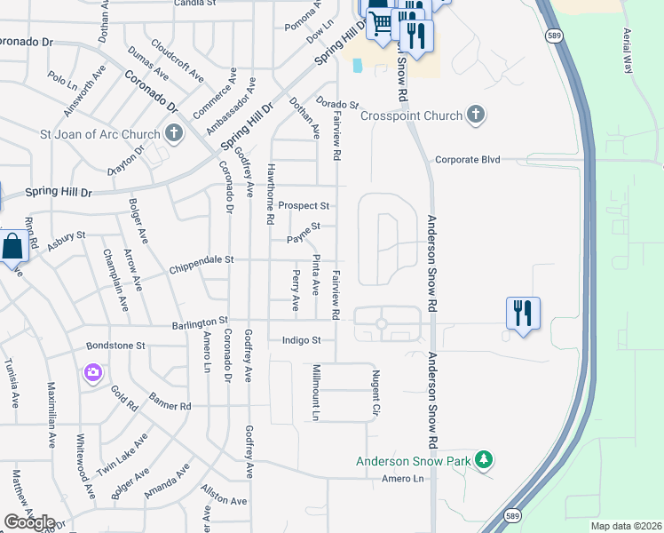 map of restaurants, bars, coffee shops, grocery stores, and more near 2263 Fairview Road in Spring Hill