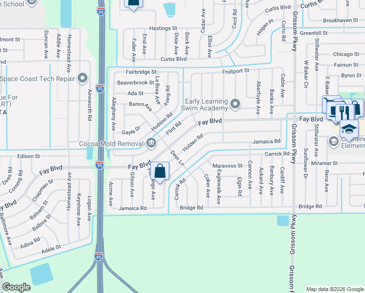 map of restaurants, bars, coffee shops, grocery stores, and more near 5525 Fay Boulevard in Cocoa