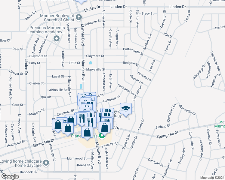 map of restaurants, bars, coffee shops, grocery stores, and more near 2230 Estill Avenue in Spring Hill